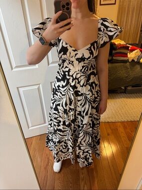 Aqua Black and White Floral Tiered Midi Dress